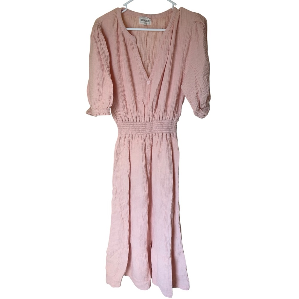 4our Dreamers Pink Gauze Midi Dress Puff Sleeve‎ V Neck Elastic Waist S